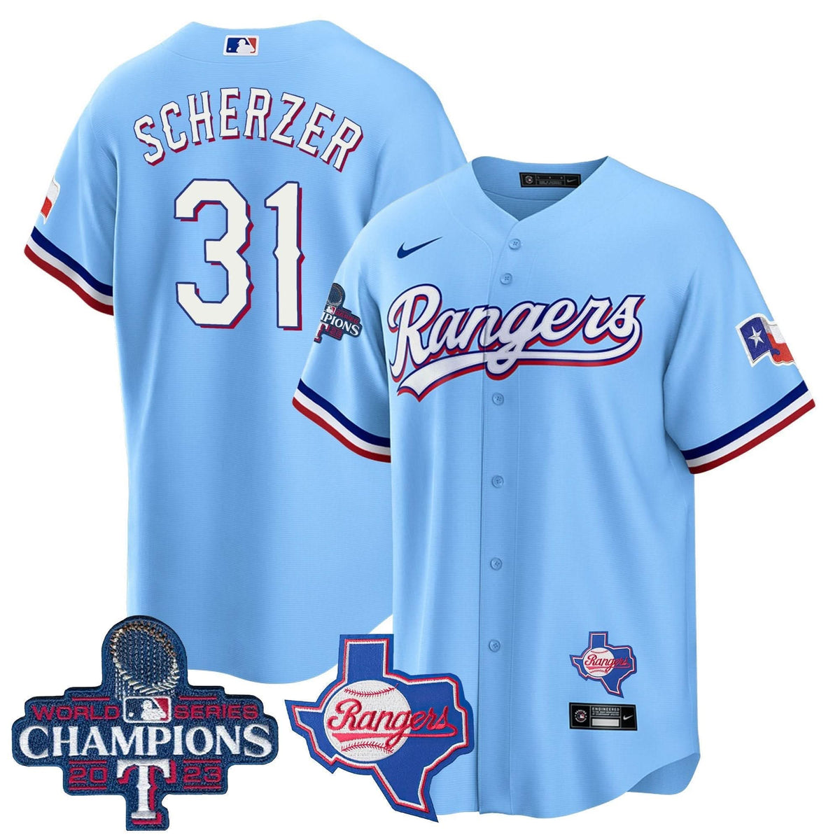 Texas Rangers 2023 World Series Champions Cool Base Jersey V2 - Stitched-Cuztomshoes