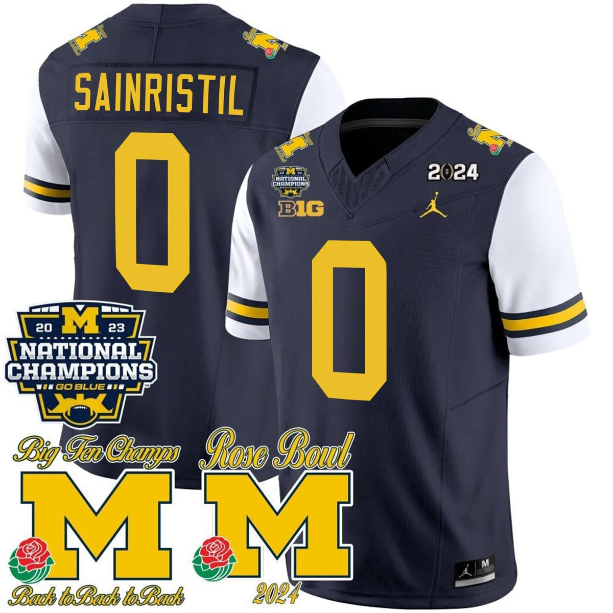 Michigan Wolverines 2023 National Champions & Rose Bowl Patch Vapor Jersey-Cuztomshoes