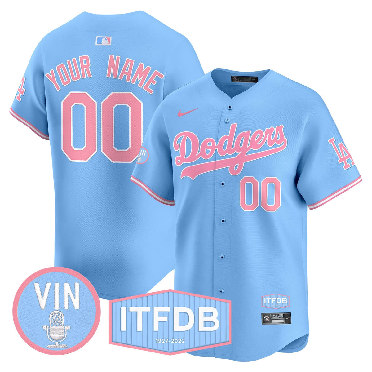 Los Angeles Dodgers Vin ITFDB Patch Bubblegum Pink Vapor Premier Limited Custom Jersey - Stitched-Cuztomshoes