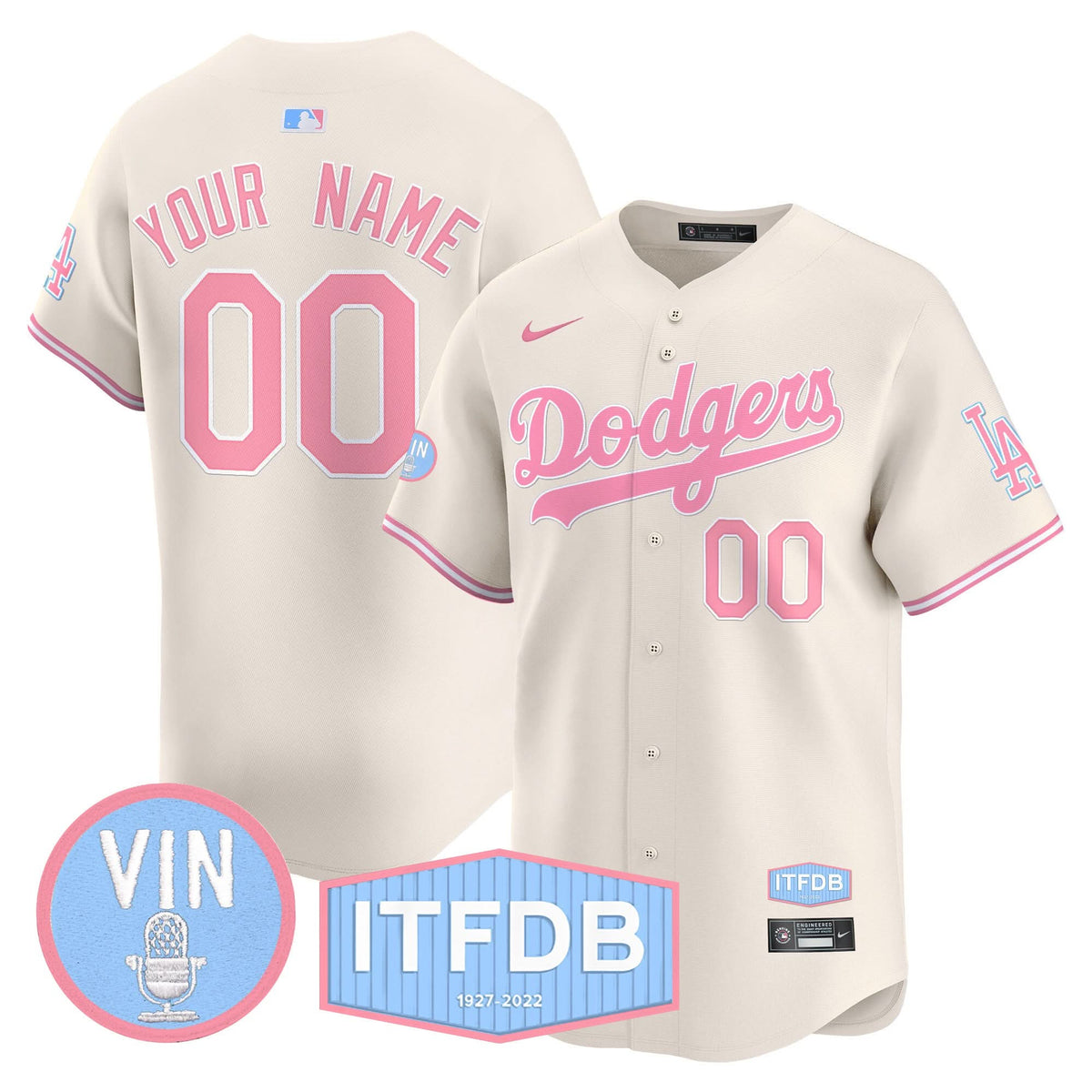 Los Angeles Dodgers Vin ITFDB Patch Bubblegum Pink Vapor Premier Limited Custom Jersey - Stitched-Cuztomshoes