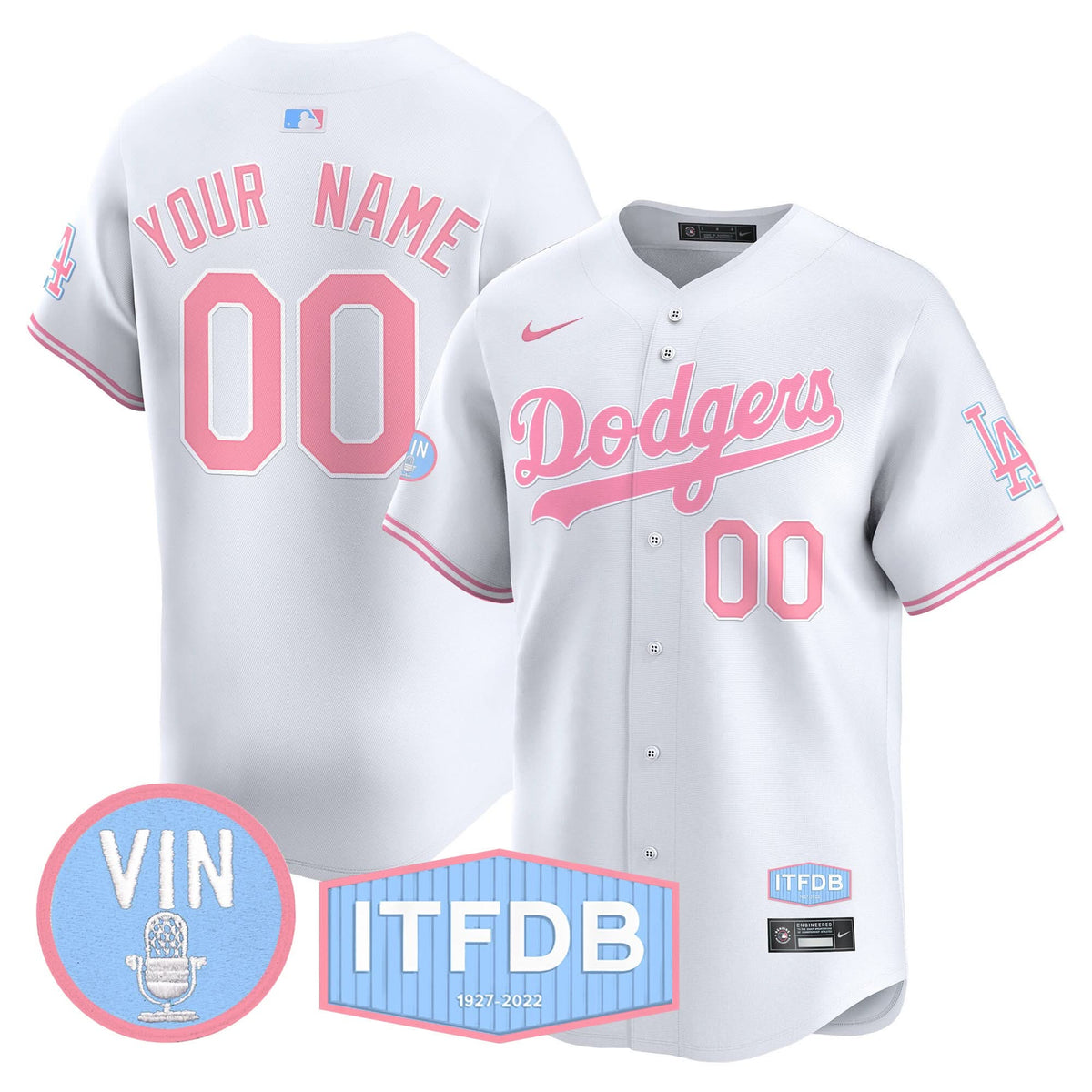 Los Angeles Dodgers Vin ITFDB Patch Bubblegum Pink Vapor Premier Limited Custom Jersey - Stitched-Cuztomshoes