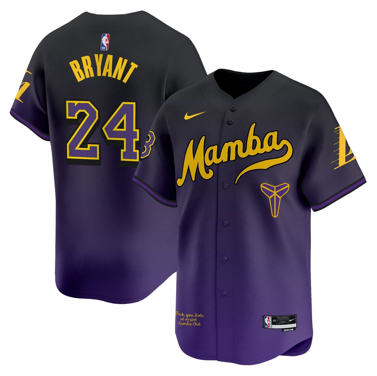 Los Angeles Lakers Kobe Bryant Mamba Vapor Baseball Jersey - Stitched-Cuztomshoes
