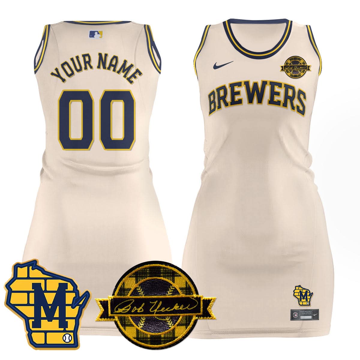 Milwaukee Brewers Limited Custom Jersey Dress - Bob Uecker Patch - Stitched