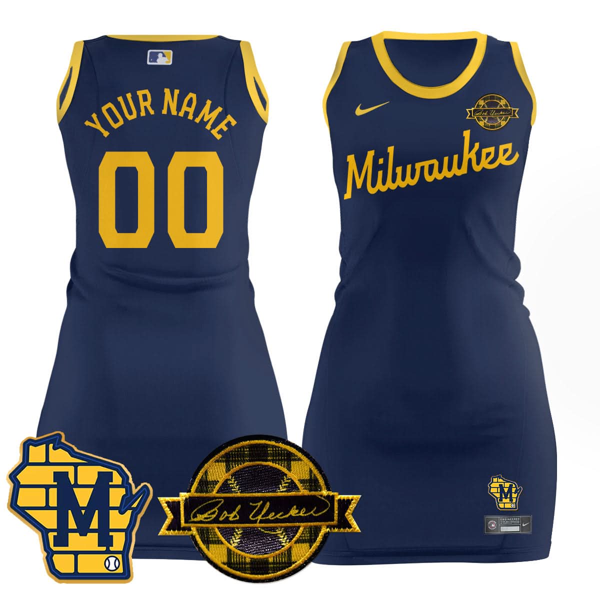 Milwaukee Brewers Limited Custom Jersey Dress - Bob Uecker Patch - Stitched