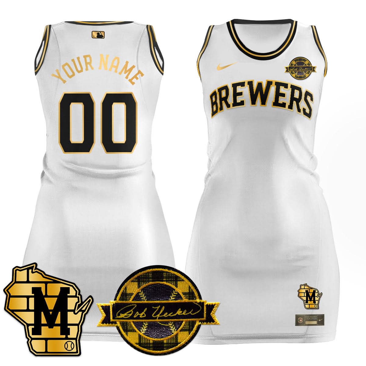 Milwaukee Brewers Limited Custom Jersey Dress - Bob Uecker Patch - Stitched