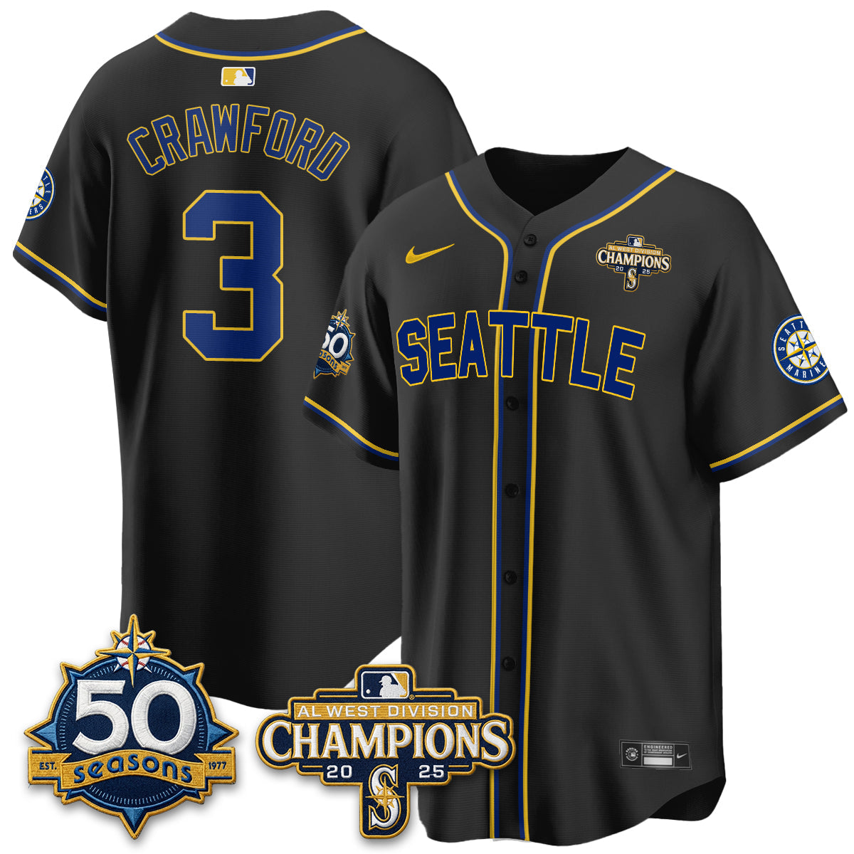 Seattle Mariners 50th Anniversary Black Out Style Vapor Premier Limited Jersey - Stitched