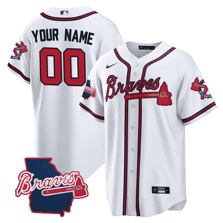 Atlanta Braves Georgia State Patch Custom Jersey - White - Stitched