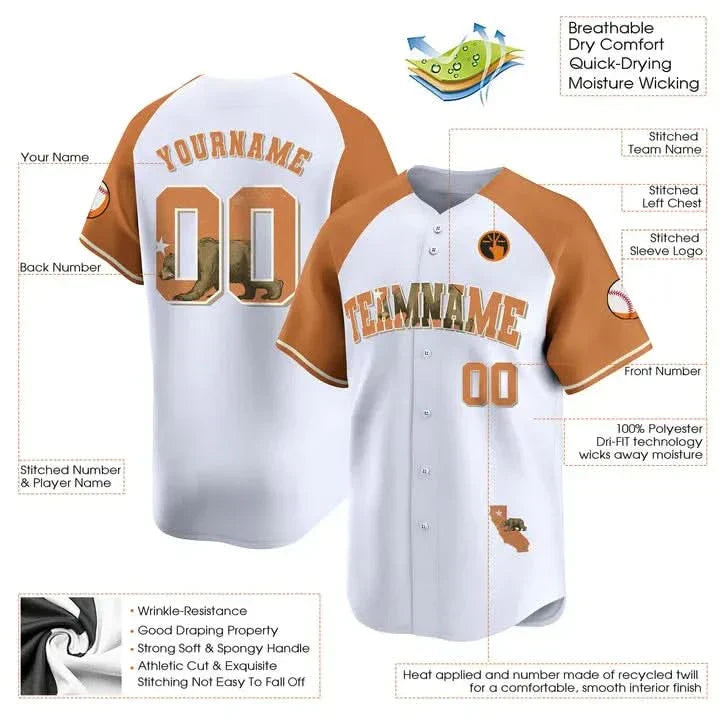 CUSTOM WHITE ALTERNATE ORANGE CALIFORNIA MAP BASEBALL JERSEY - EMBROIDERED-Cuztomshoes