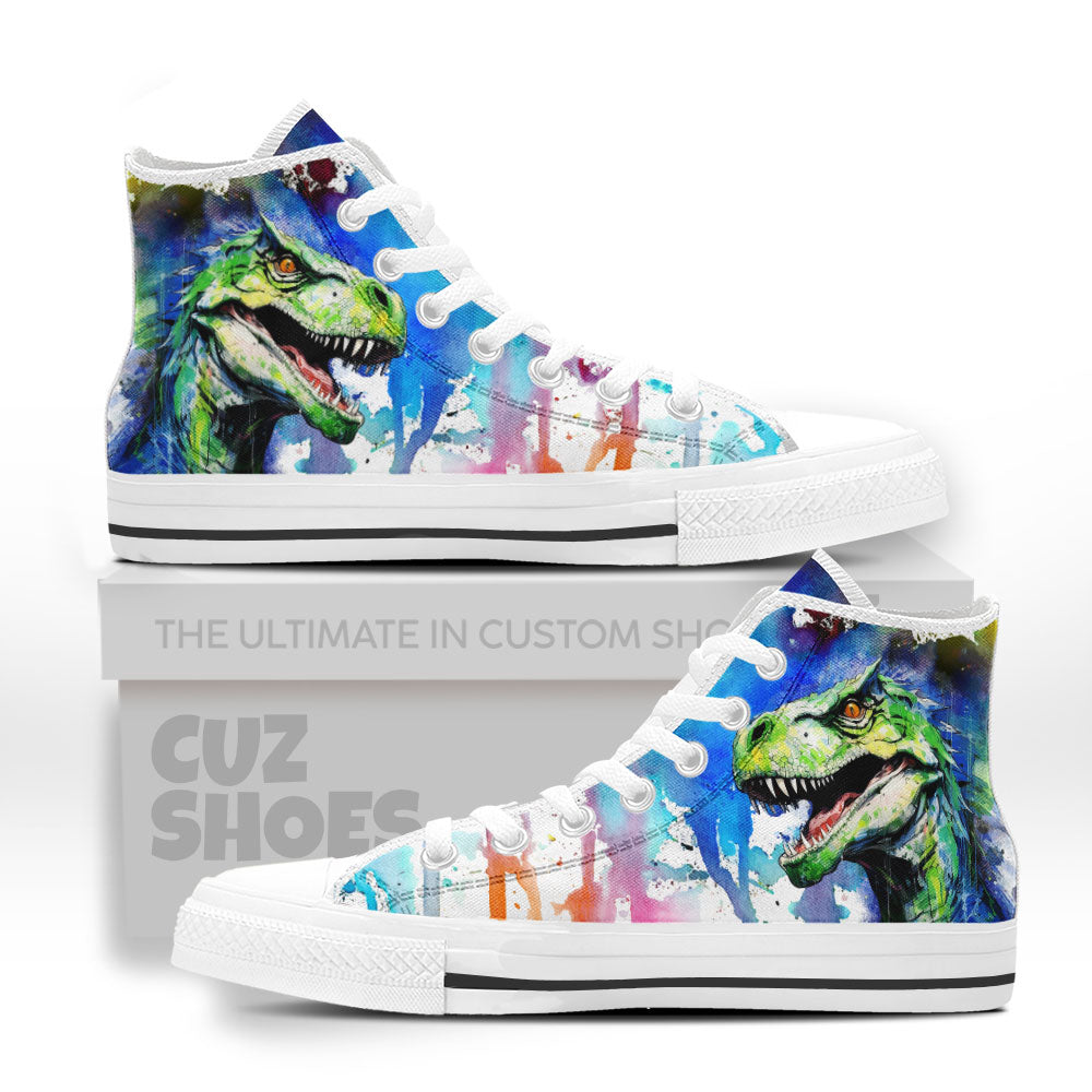 T-rex Watercolor High Top Sneakers Dinosaur Custom Shoes PT0507-cuztomshoes.com