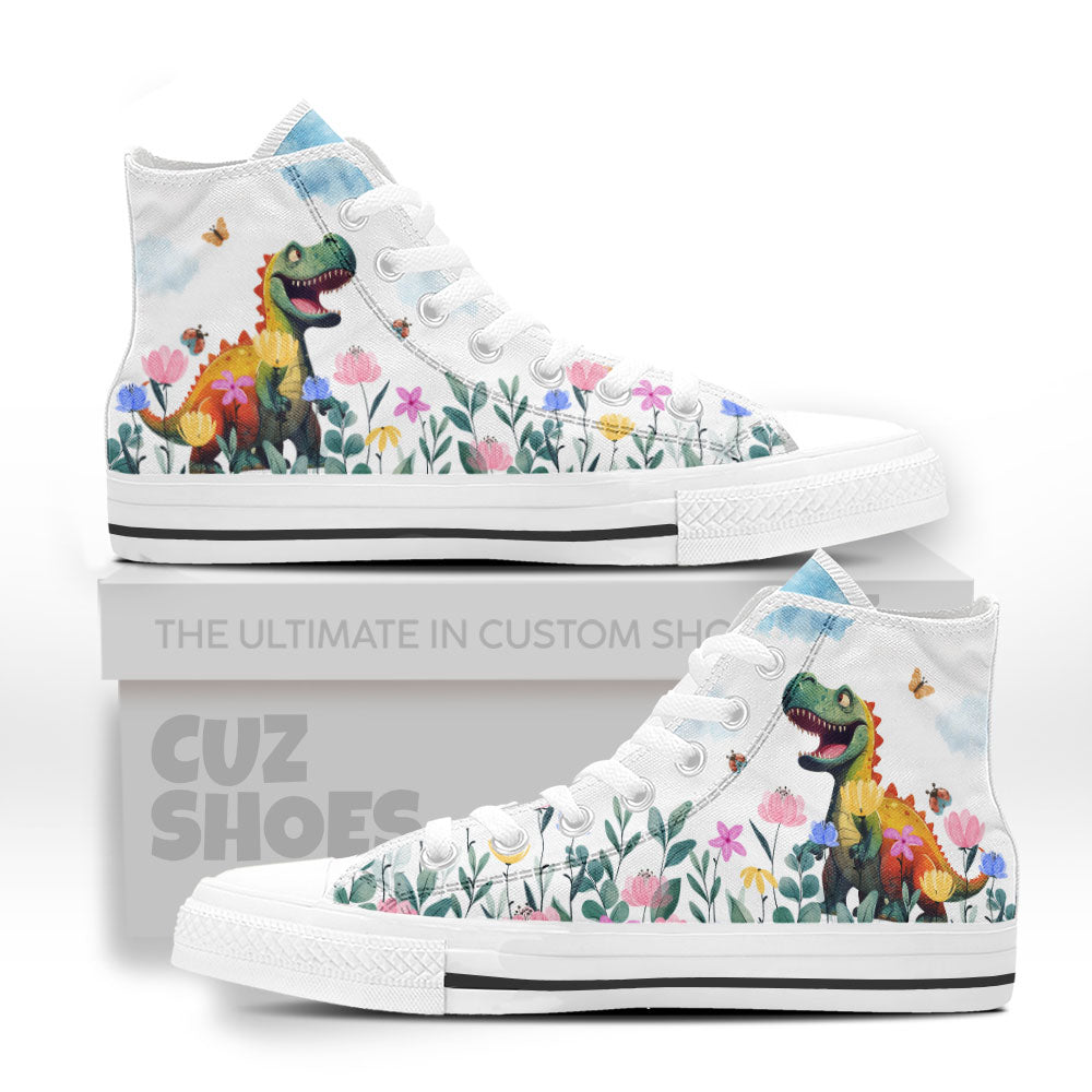 T-rex Cute Floral High Top Sneakers Dinosaur Custom Shoes PT0507-cuztomshoes.com