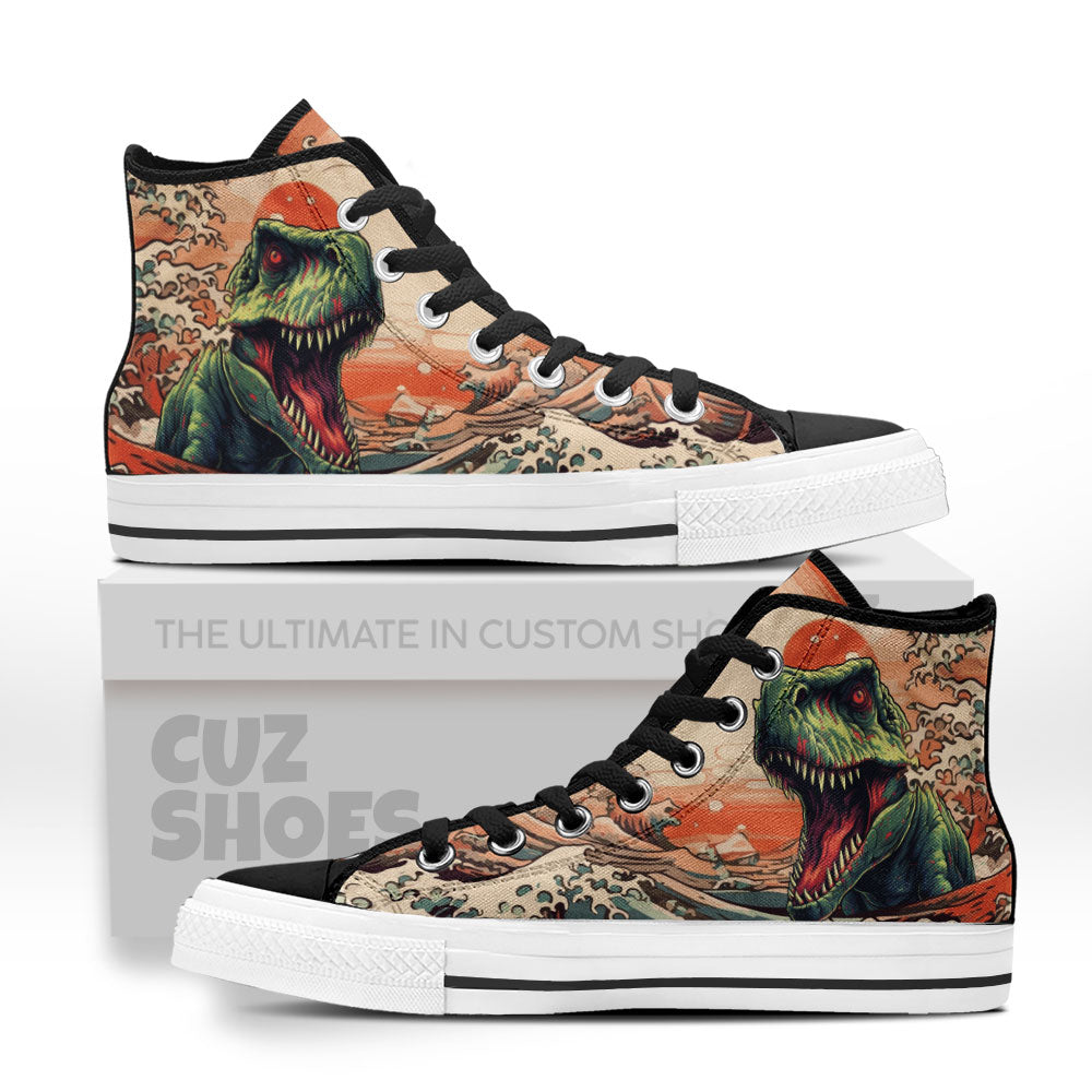 T-rex Kanagawa Wave High Top Sneakers Dinosaur Custom Shoes PT1007-cuztomshoes.com