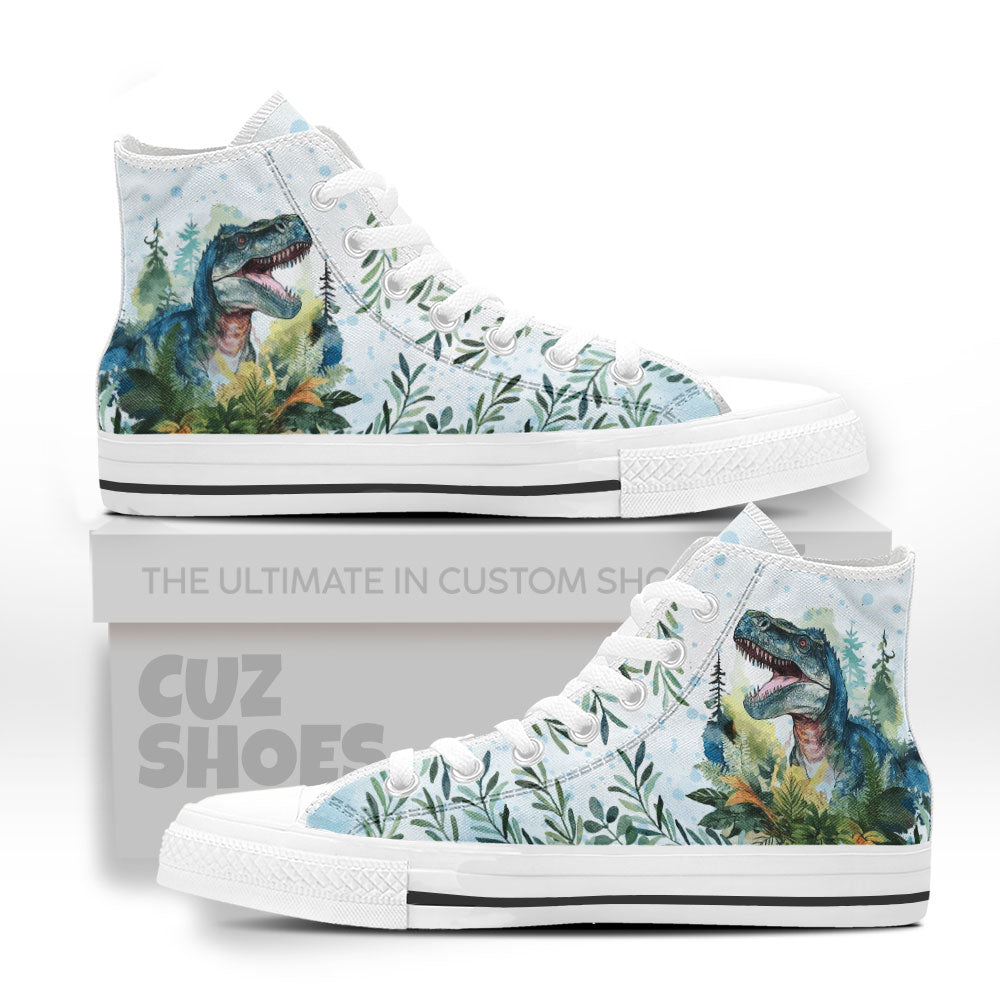 T-rex Watercolor Art High Top Sneakers Dinosaur Custom Shoes PT0307-cuztomshoes.com