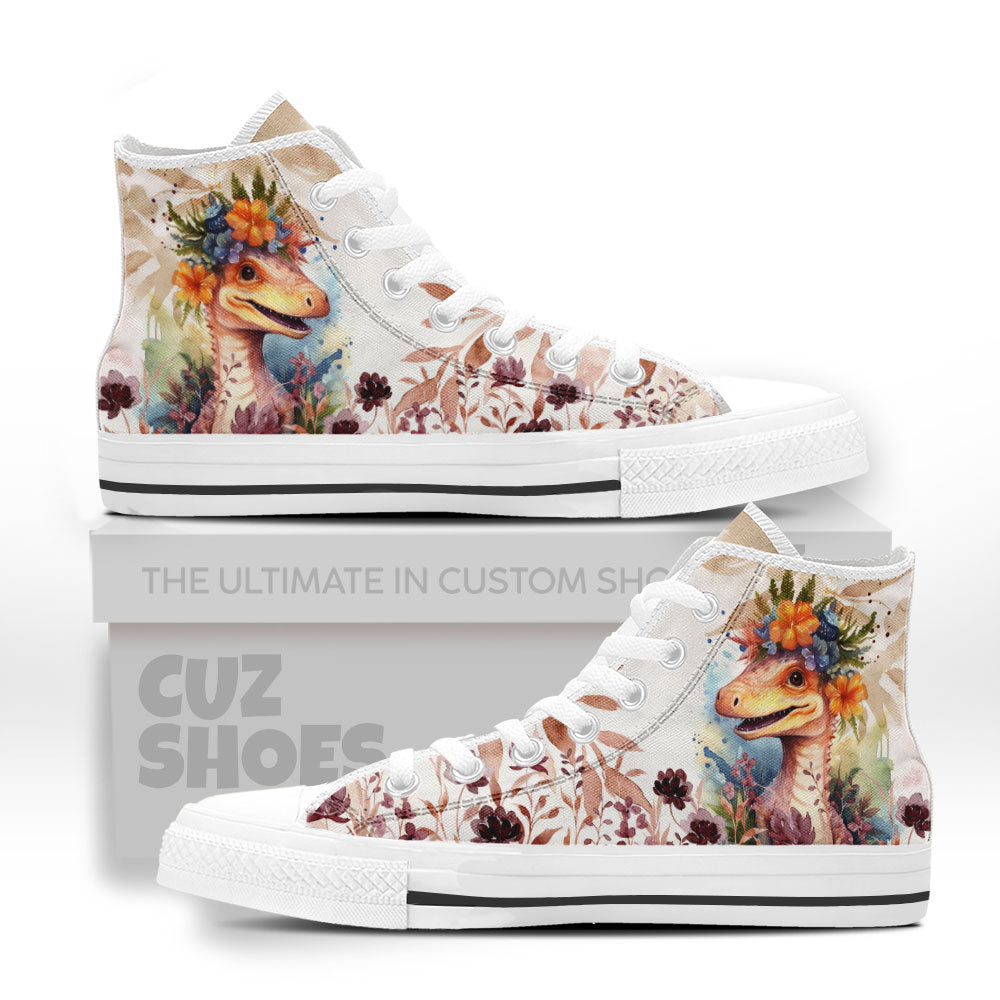 Watercolor Dinosaur Floral High Top Sneakers Custom Shoes PT0507-cuztomshoes.com