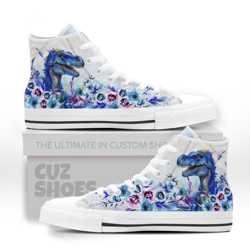 T-rex Watercolor Floral High Top Sneakers Dinosaur Custom Shoes PT0407-cuztomshoes.com