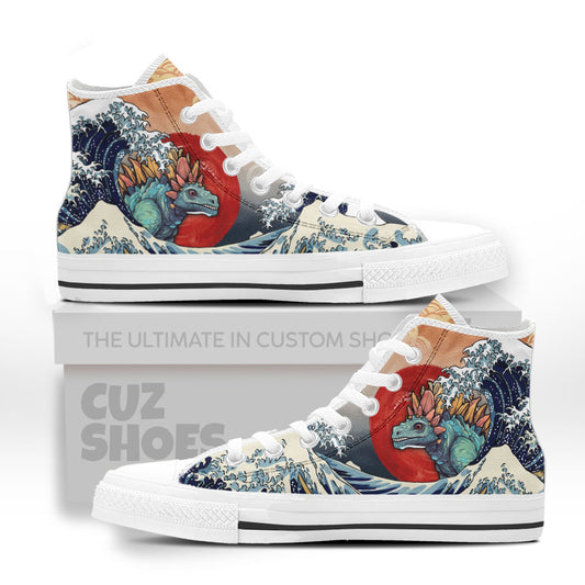 Stegosaurus Kanagawa Wave High Top Sneakers Dinosaur Custom Shoes PT0407-cuztomshoes.com