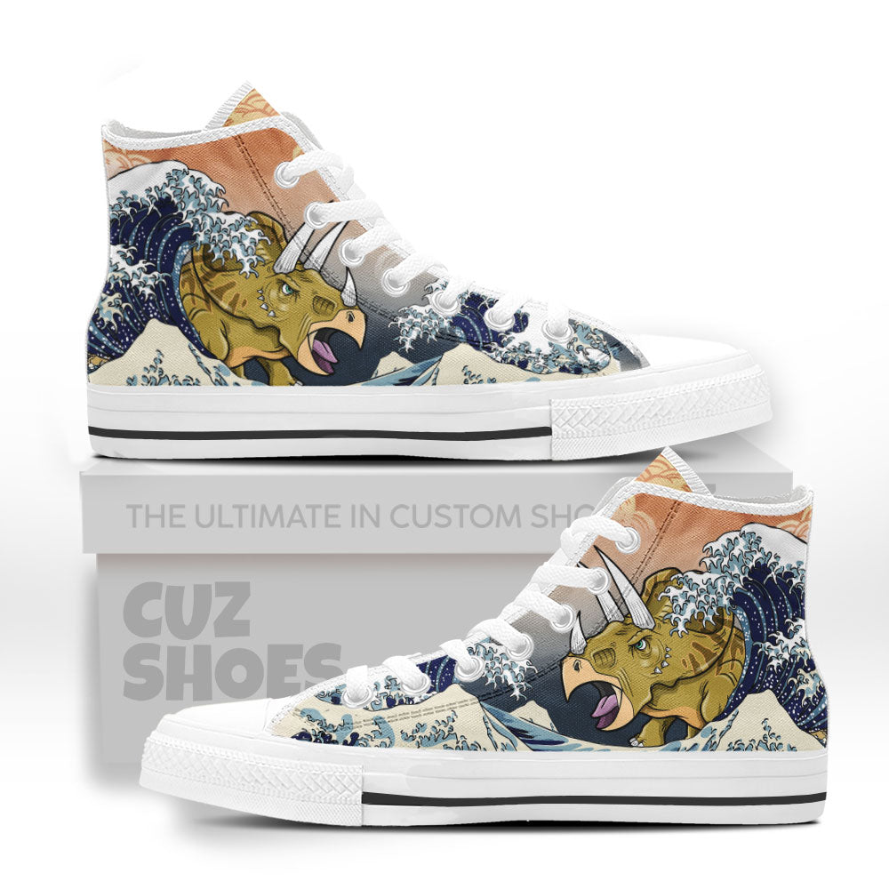 Triceratops Kanagawa Wave High Top Sneakers Dinosaur Custom Shoes PT0407-cuztomshoes.com