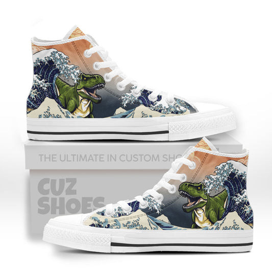 T-Rex Kanagawa Wave High Top Sneakers Dinosaur Custom Shoes PT0407-cuztomshoes.com