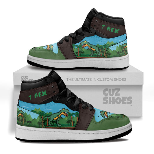 T-Rex 8 Bit Kids Sneakers Custom Dinosaur Shoes MV0307- cuztomshoes.com