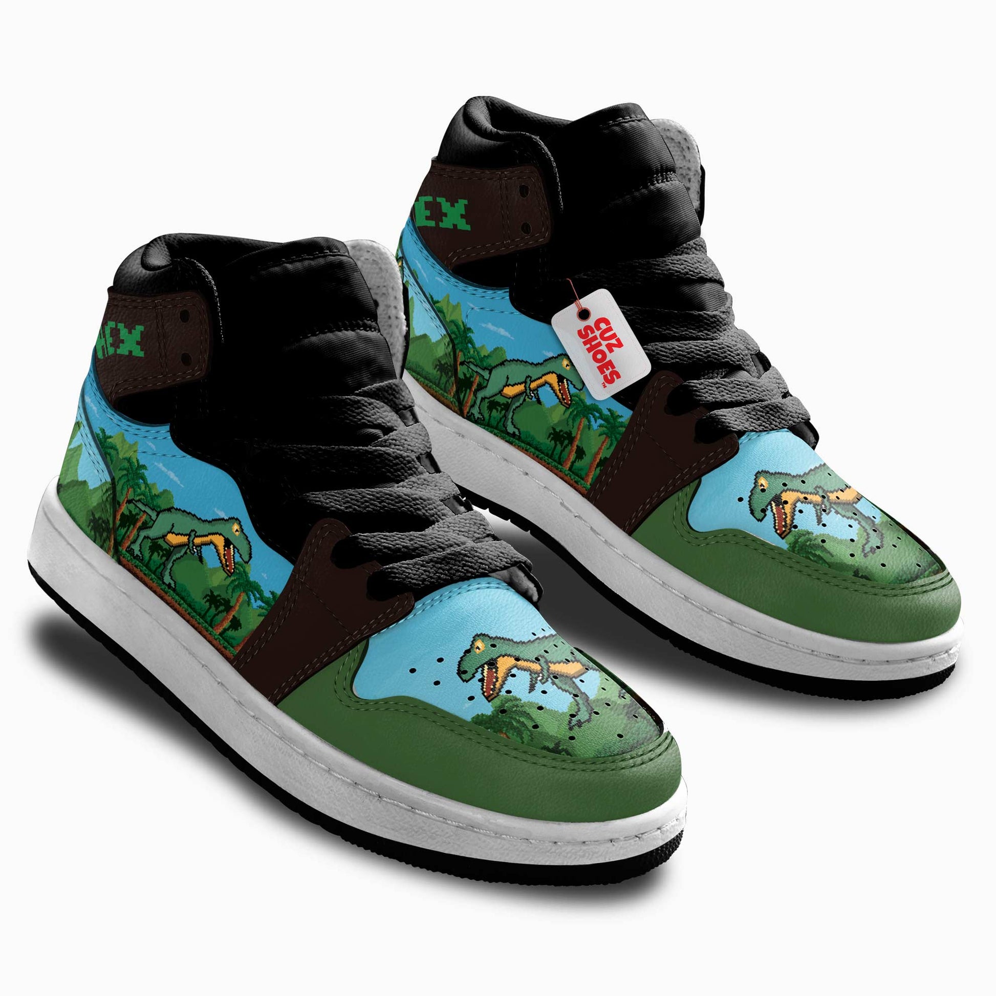 T-Rex 8 Bit Kids Sneakers Custom Dinosaur Shoes MV0307- cuztomshoes.com