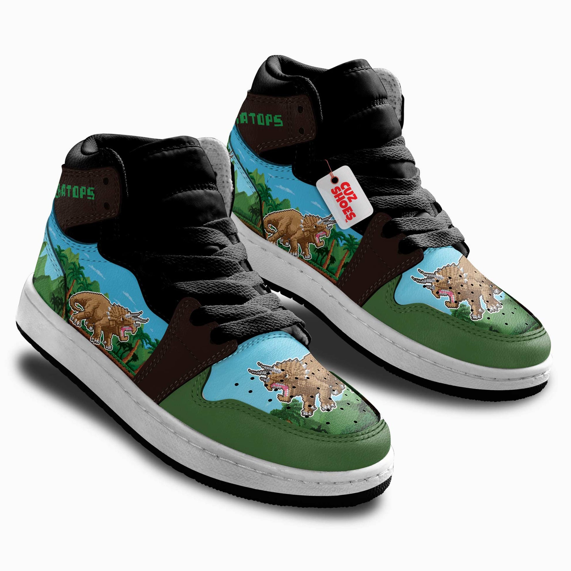 Triceratops 8 Bit Kids Sneakers Custom Dinosaur Shoes MV0307- cuztomshoes.com