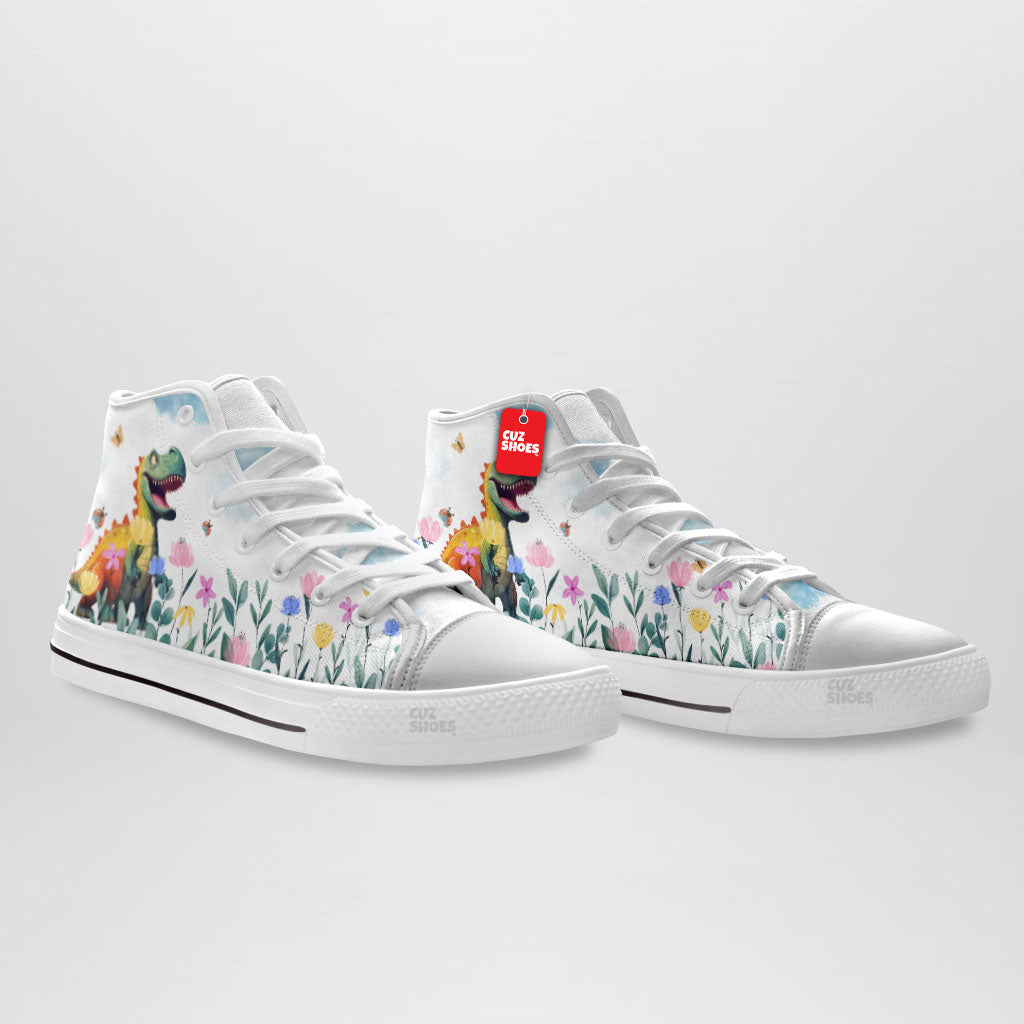 T-rex Cute Floral High Top Sneakers Dinosaur Custom Shoes PT0507-cuztomshoes.com