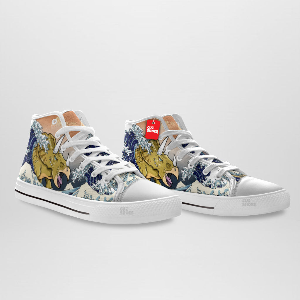 Triceratops Kanagawa Wave High Top Sneakers Dinosaur Custom Shoes PT0407-cuztomshoes.com