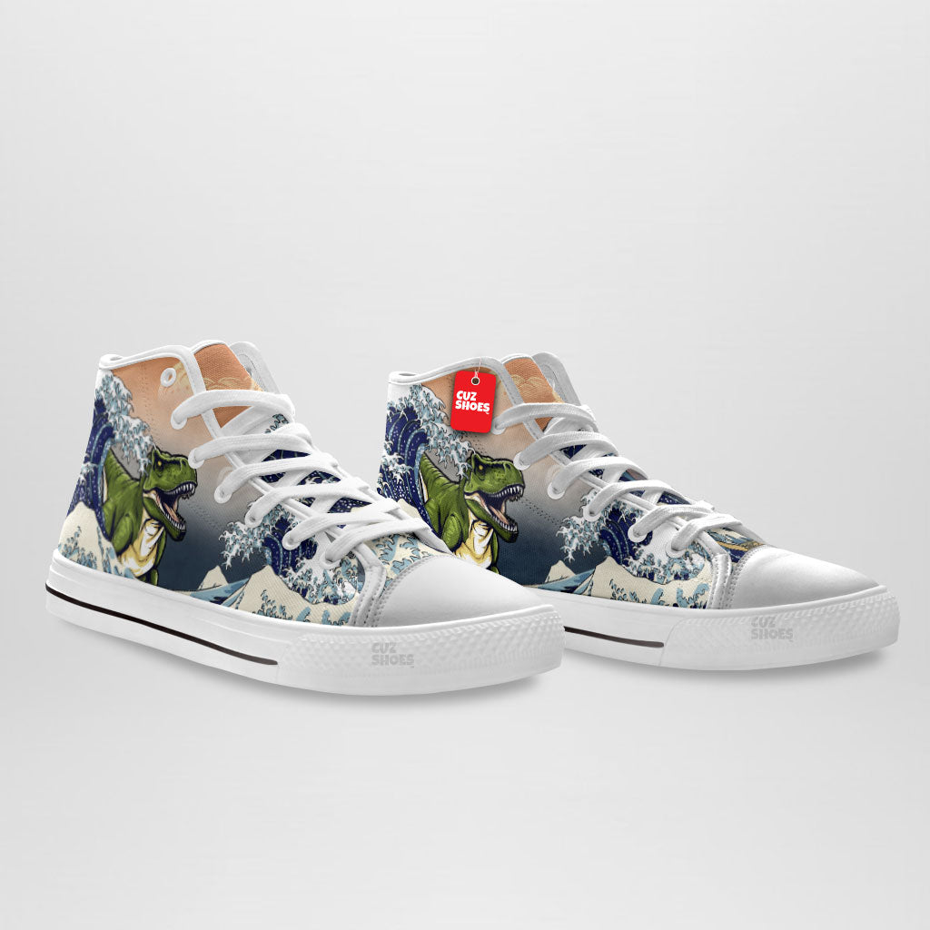 T-Rex Kanagawa Wave High Top Sneakers Dinosaur Custom Shoes PT0407-cuztomshoes.com