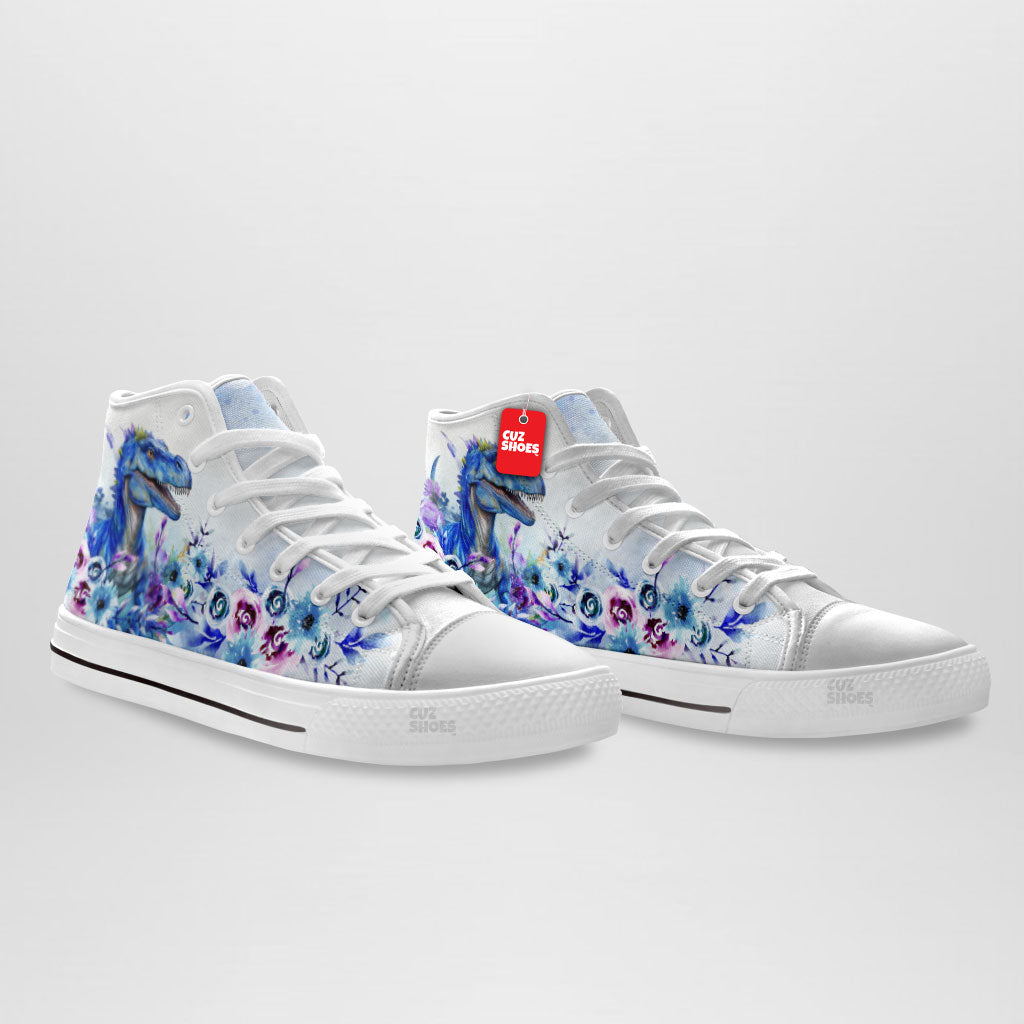 T-rex Watercolor Floral High Top Sneakers Dinosaur Custom Shoes PT0407-cuztomshoes.com