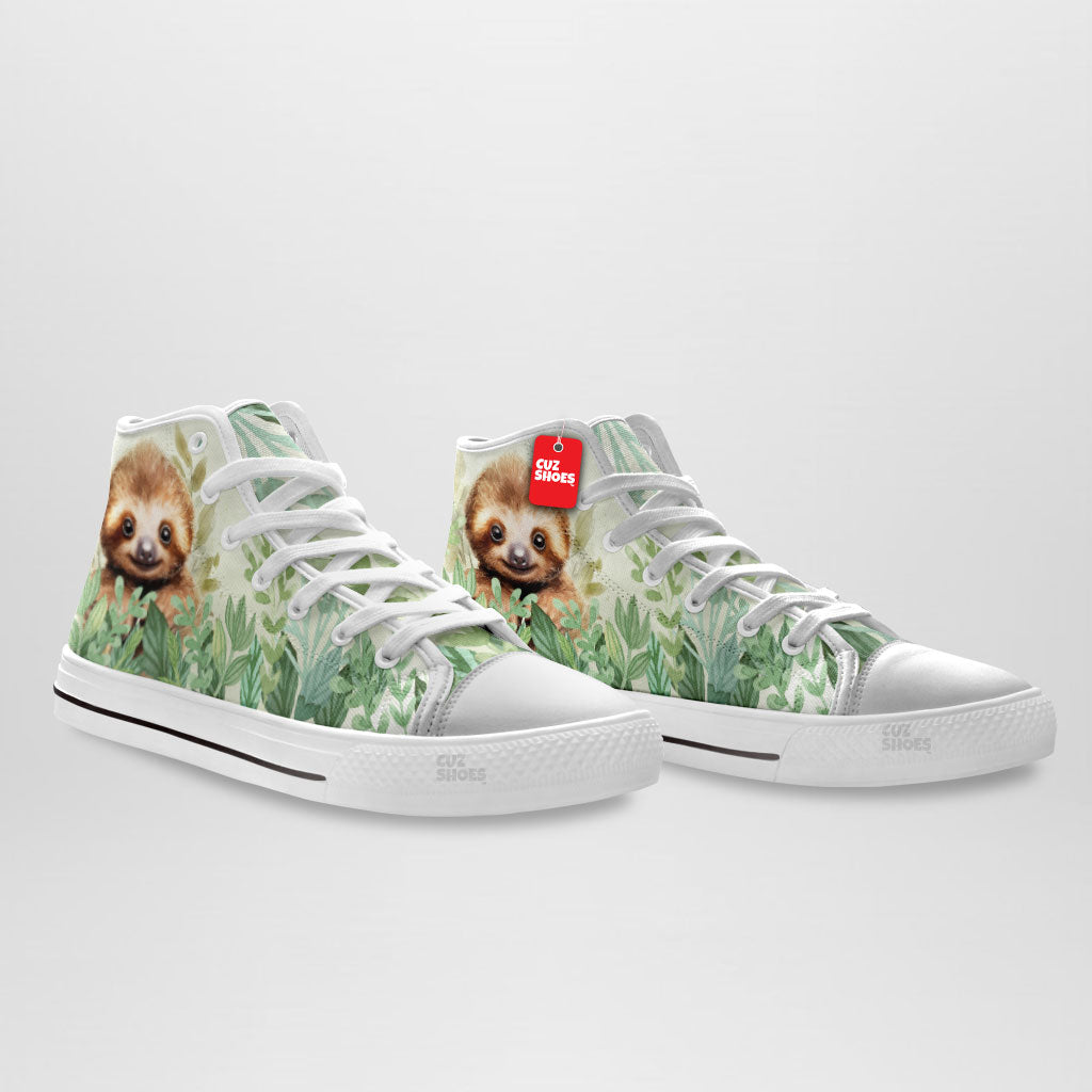 Sloth Green Leaves Watercolor High Top Sneakers Custom Shoes PT2607-cuztomshoes.com