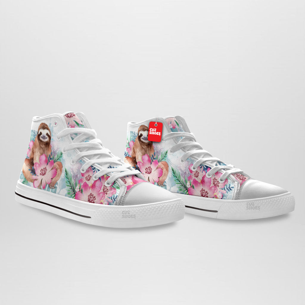 Sloth Flowers Watercolor High Top Sneakers Custom Shoes PT2607-cuztomshoes.com