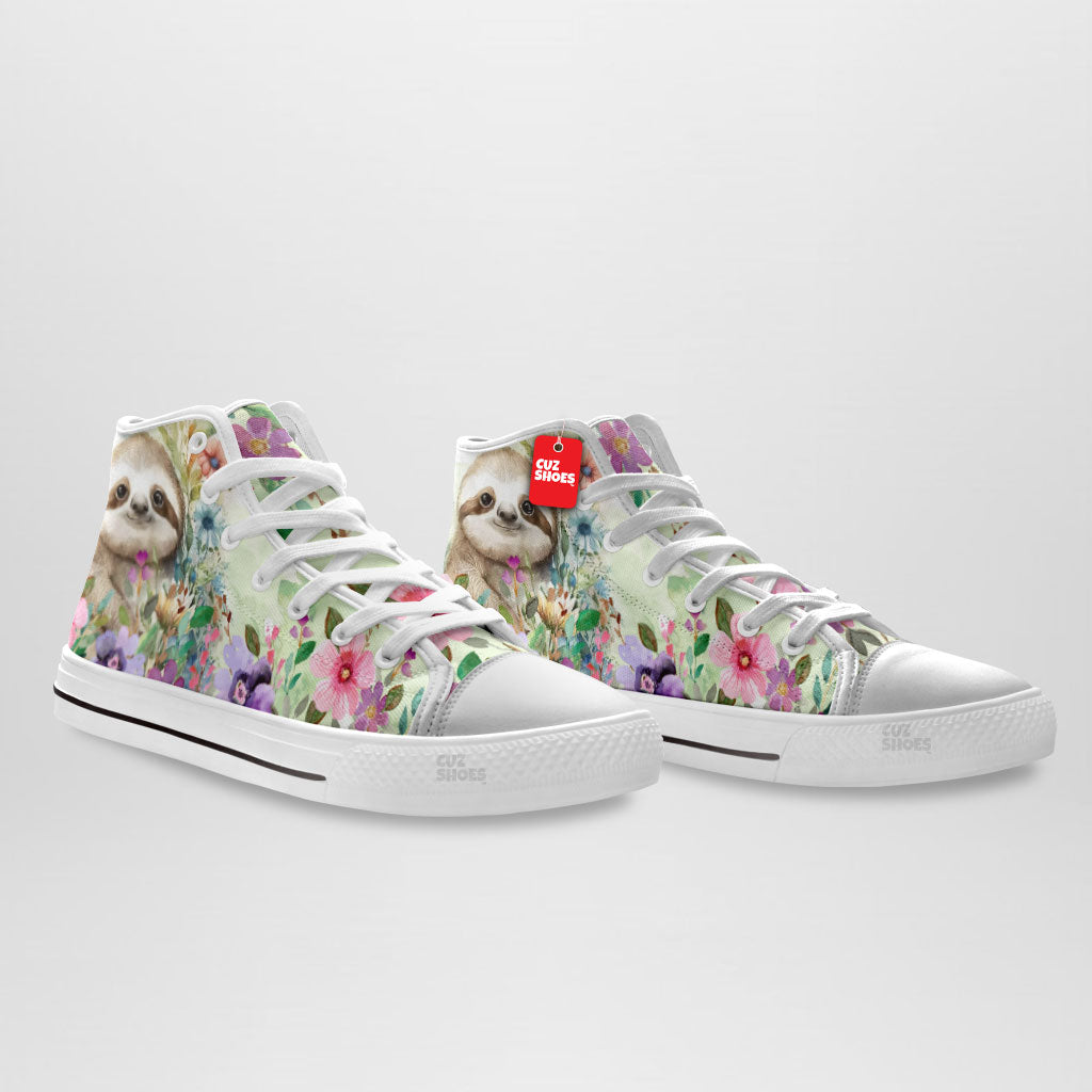 Sloth Watercolor Florals High Top Sneakers Custom Shoes PT2607-cuztomshoes.com