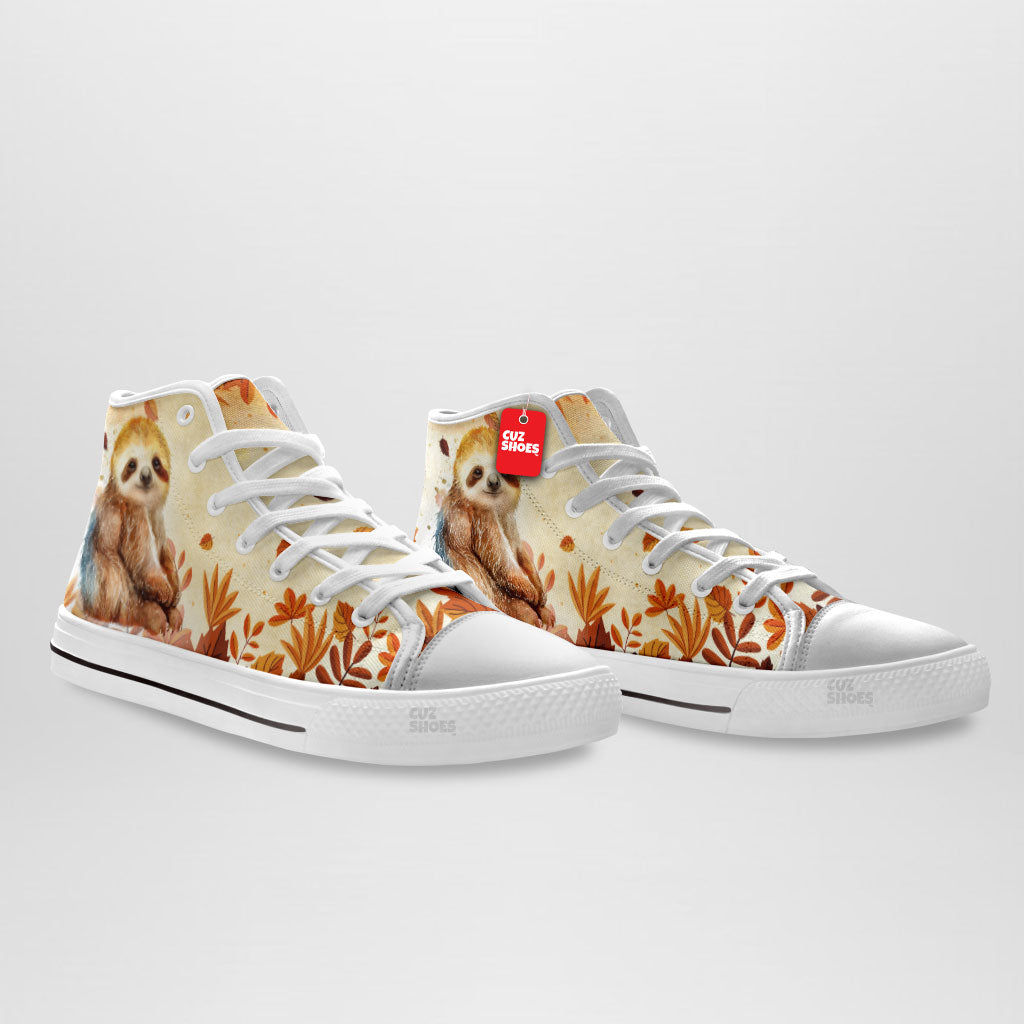 Sloth Fall Leaves Watercolor High Top Sneakers Custom Shoes PT2607-cuztomshoes.com