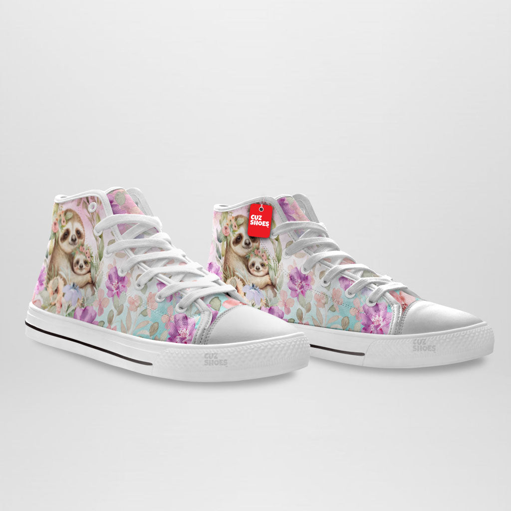 Sloth Family Floral Watercolor High Top Sneakers Custom Shoes PT2607-cuztomshoes.com