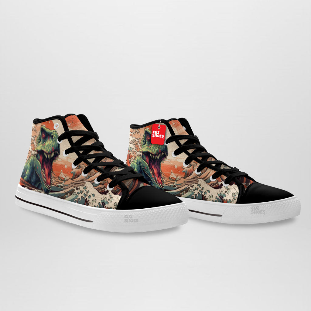 T-rex Kanagawa Wave High Top Sneakers Dinosaur Custom Shoes PT1007-cuztomshoes.com