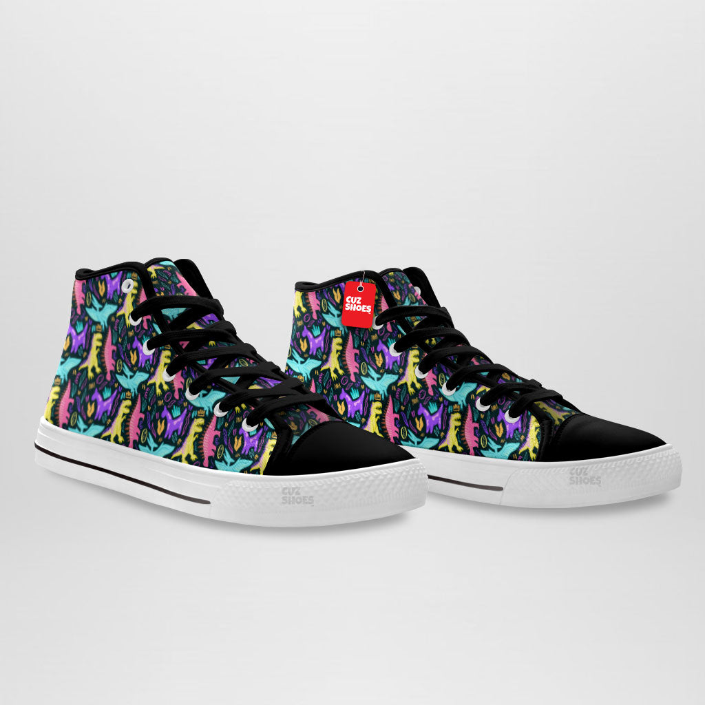 Dinosaur Neon Colors Pattern High Top Sneakers Custom Shoes PT1907-cuztomshoes.com