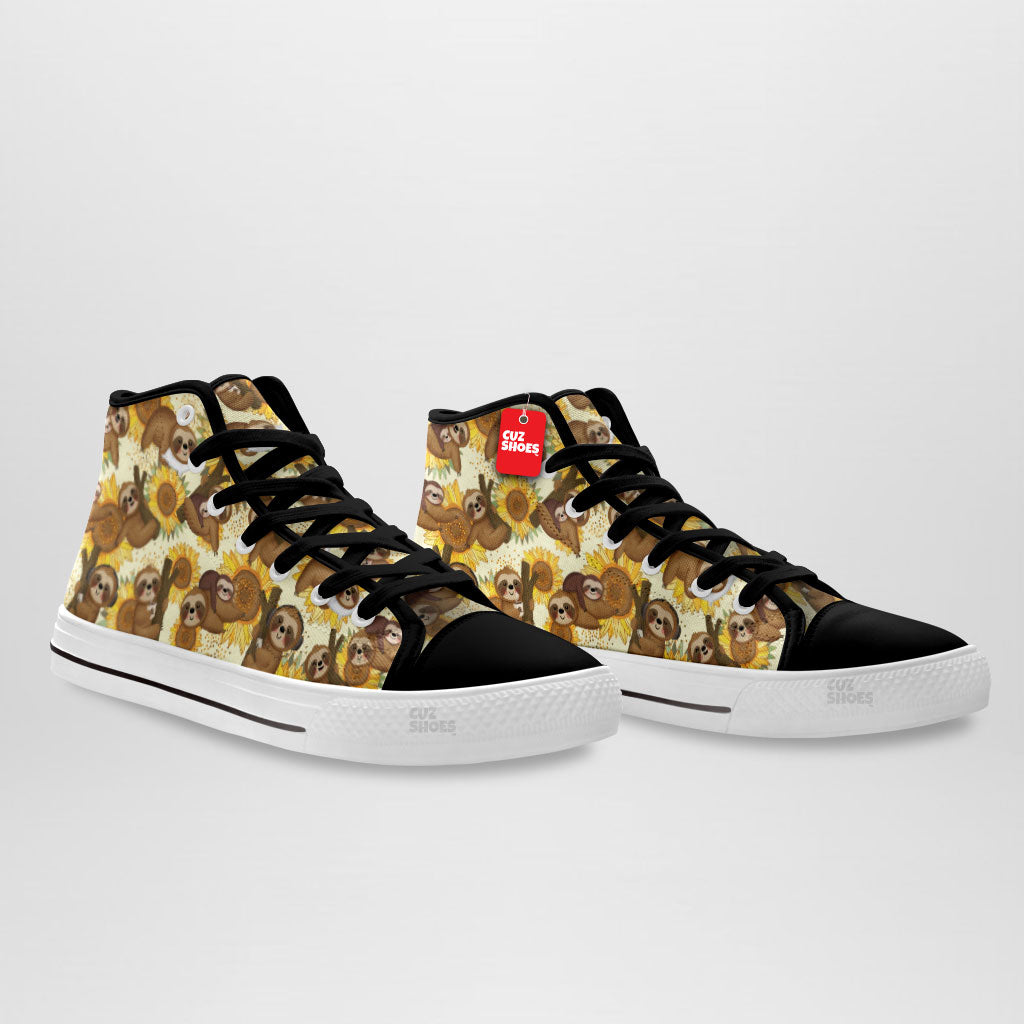 Sloth Sunflower Pattern High Top Sneakers Custom Shoes PT2607-cuztomshoes.com