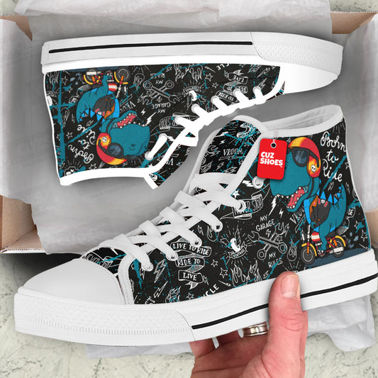 T-rex Biker Cute High Top Sneakers Dinosaur Custom Shoes PT1807-cuztomshoes.com