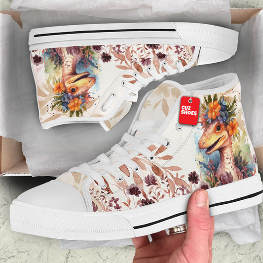 Watercolor Dinosaur Floral High Top Sneakers Custom Shoes PT0507-cuztomshoes.com