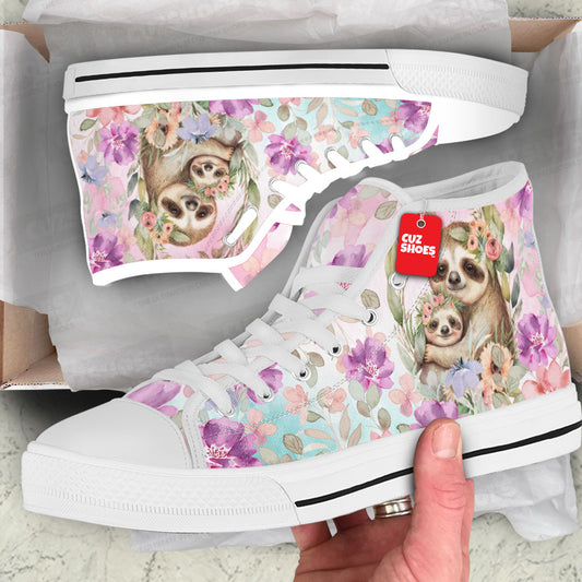 Sloth Family Floral Watercolor High Top Sneakers Custom Shoes PT2607-cuztomshoes.com