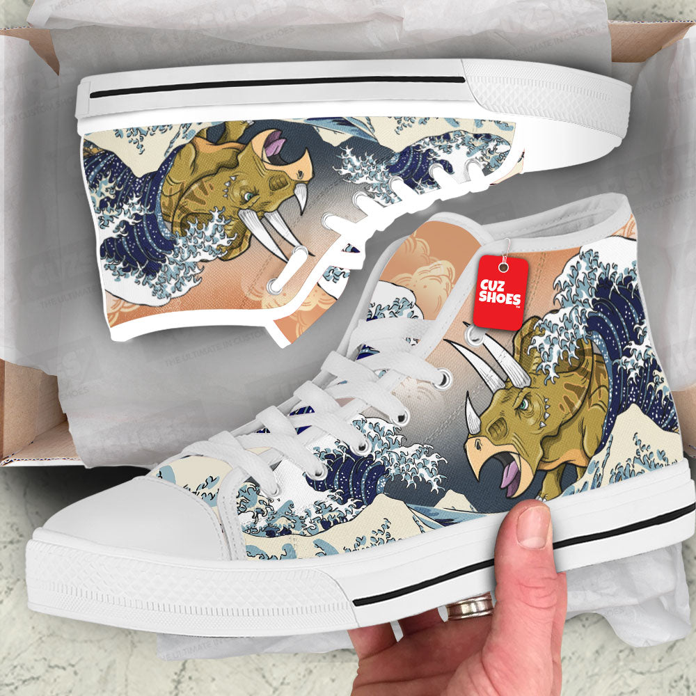 Triceratops Kanagawa Wave High Top Sneakers Dinosaur Custom Shoes PT0407-cuztomshoes.com