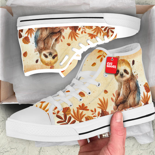 Sloth Fall Leaves Watercolor High Top Sneakers Custom Shoes PT2607-cuztomshoes.com