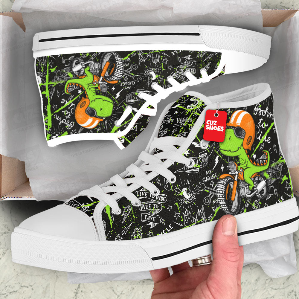 T-rex Biker Cute High Top Sneakers Dinosaur Custom Shoes PT1807-cuztomshoes.com