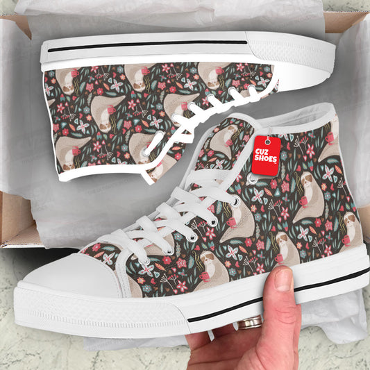 Sloth Floral Pattern High Top Sneakers Custom Shoes PT2607-cuztomshoes.com