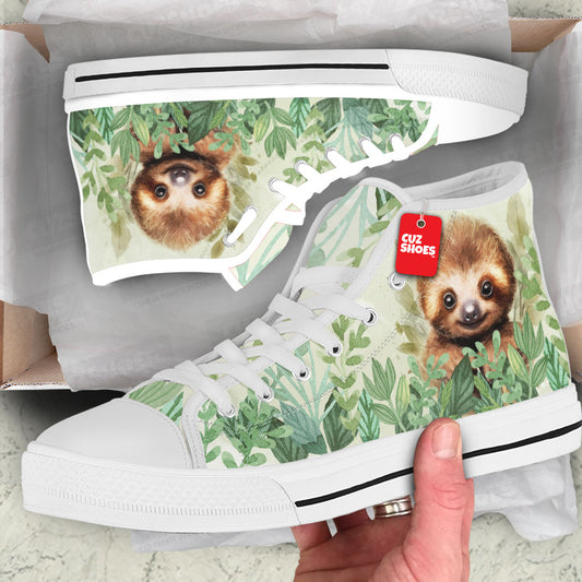 Sloth Green Leaves Watercolor High Top Sneakers Custom Shoes PT2607-cuztomshoes.com