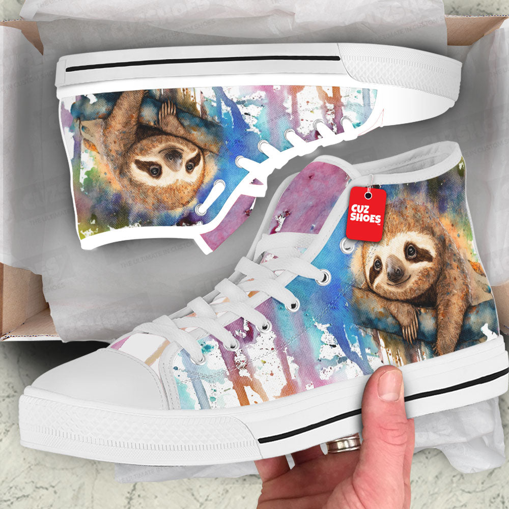 Sloth Watercolor High Top Sneakers Custom Shoes PT2607-cuztomshoes.com