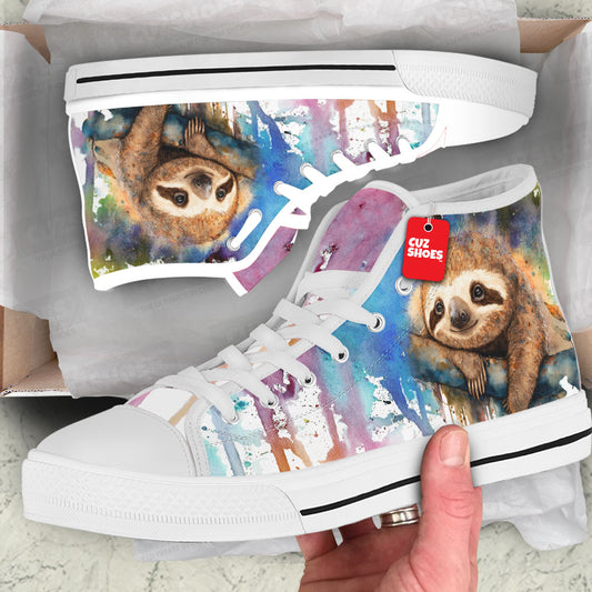 Sloth Watercolor High Top Sneakers Custom Shoes PT2607-cuztomshoes.com