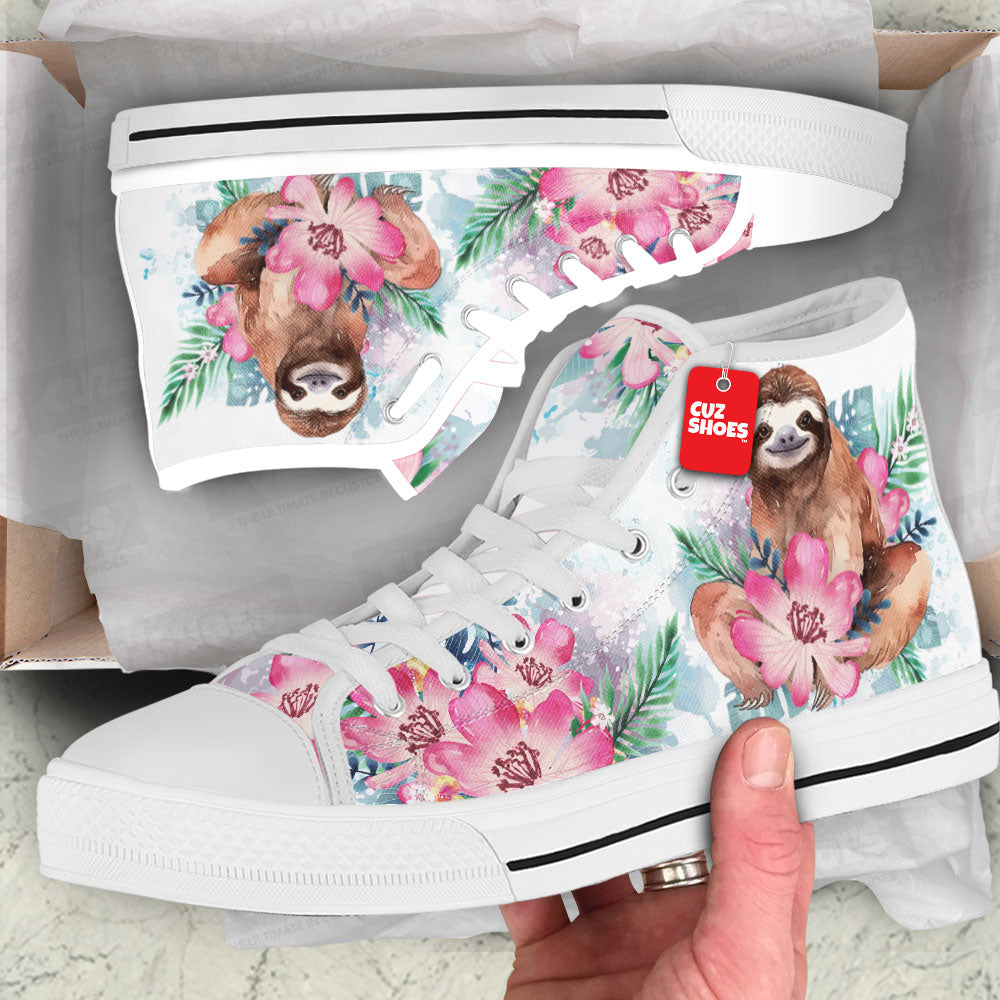 Sloth Flowers Watercolor High Top Sneakers Custom Shoes PT2607-cuztomshoes.com