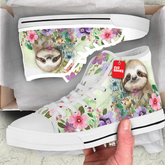 Sloth Watercolor Florals High Top Sneakers Custom Shoes PT2607-cuztomshoes.com