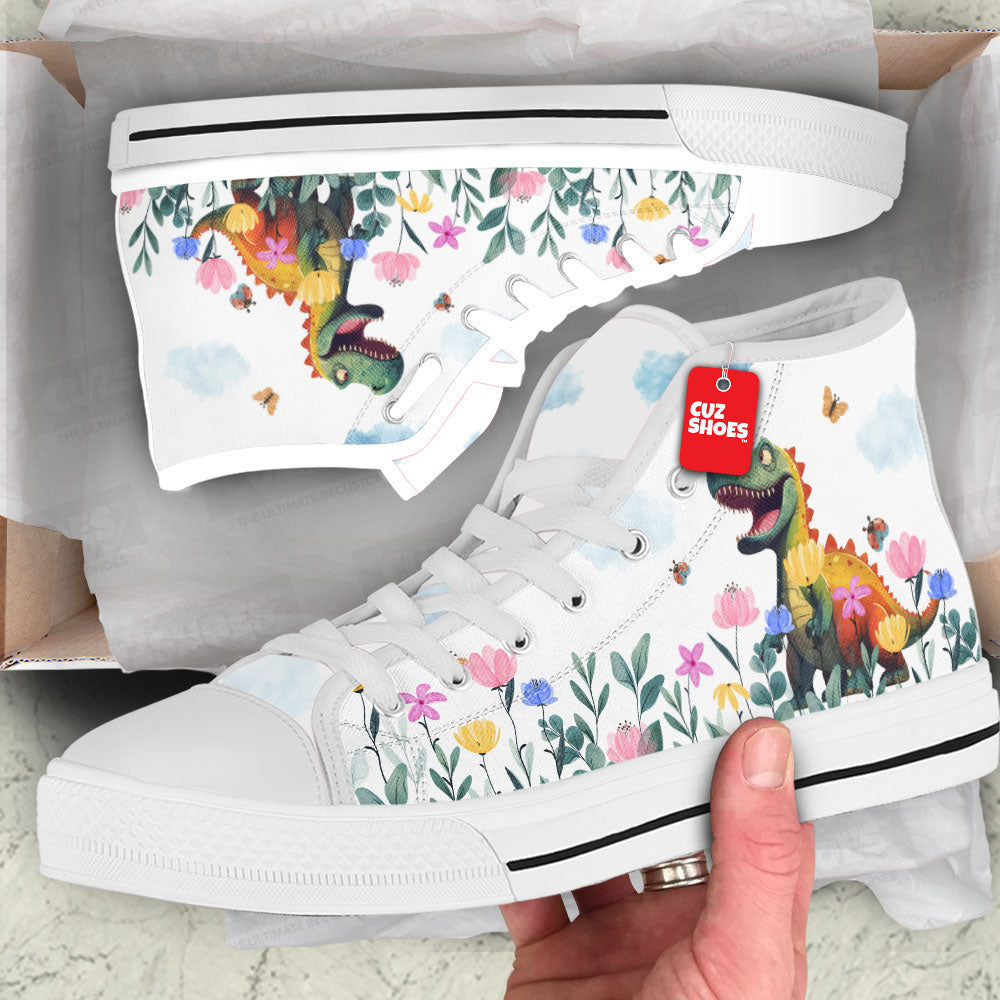 T-rex Cute Floral High Top Sneakers Dinosaur Custom Shoes PT0507-cuztomshoes.com