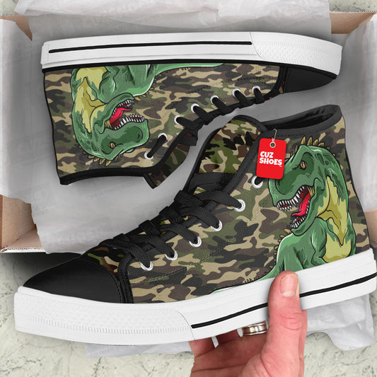 T-rex Dinosaur Camo High Top Sneakers Custom Shoes PT3006-cuztomshoes.com